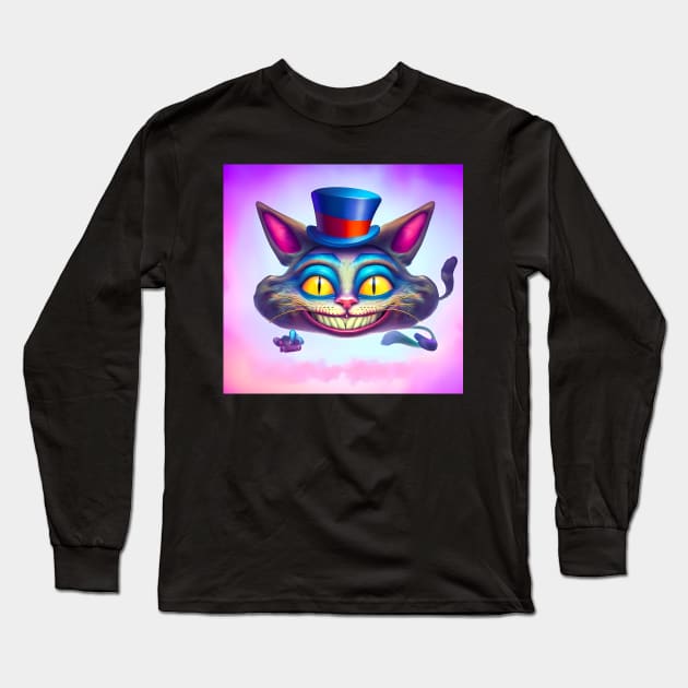 Alice in Wonderland Cheshire cat floating on pink clouds Long Sleeve T-Shirt by The Universal Saint